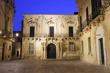 Lecce, Apulia, Italy: historic buildings at evening