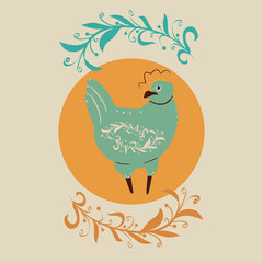 blue chicken with plants with a yellow circle on the background