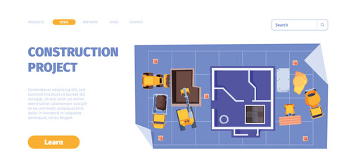 Landing builders. Construction processes heavy steel transport for builders working services garish vector web page templates