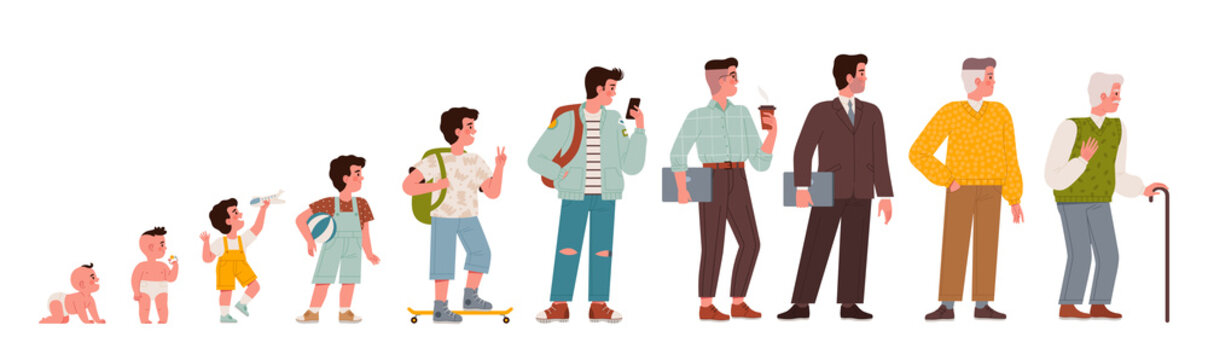 The life cycle of a man from newborn to old man. Set of characters of different ages and at different stages of life baby, schoolboy, student, businessman, pinceoner.