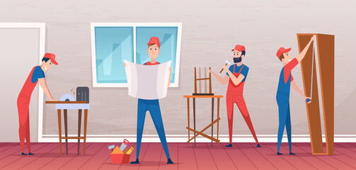 Wooden furniture installation. Background with professional service handyman carpenters installing modern furniture exact vector illustration in cart