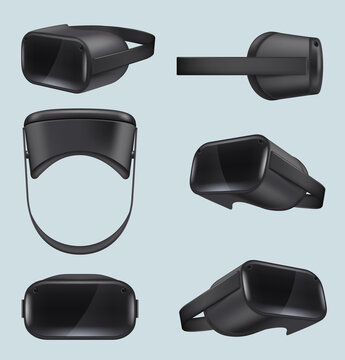 Vr realistic. Helmet with controllers for 360 degree views futuristic electronic gadgets decent vector virtual reality concept pictures