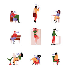 Fototapeta na wymiar Sleeping characters. Lazy tired people in various poses on sofa on chairs in urban transport sleeping on pillow garish vector illustrations templates