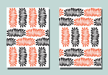 Trendy cover with graphic elements - abstract leaves. Two modern vector flyers in avant-garde  style. Geometric wallpaper for business brochure, cover design.