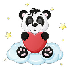 cute panda sits on a cloud and holds a heart in his hands