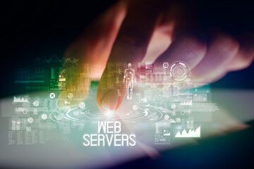 Finger touching tablet with web technology icons concept