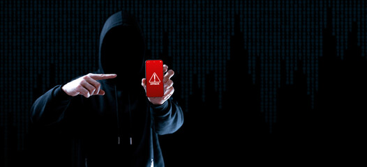 Cyber attack hacker smartphone. Internet web hack technology. Digital mobile phone in hacker man...