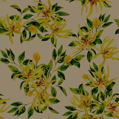 Watercolor hand painted ylang ylang branch and flowers. Watercolor hand drawn seamless pattern, wallpaper, wrapping paper, aromatherapy, essential oils