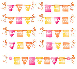 Set of hand drawn watercolor flags. Cute bright flags for various designs of posters, posters, postcards, flyers, stationery, textiles.