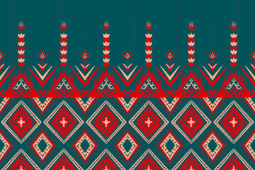 Red and Orange Flower on Blue Teal. Geometric ethnic oriental pattern traditional Design for background,carpet,wallpaper,clothing,wrapping,Batik,fabric, illustration embroidery style - 488557777