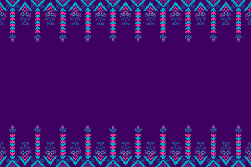 Pink and Blue Flower on Purple. Geometric ethnic oriental pattern traditional Design for background,carpet,wallpaper,clothing,wrapping,Batik,fabric, illustration embroidery style - 488557778
