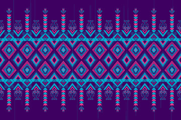 Pink and Blue Flower on Purple. Geometric ethnic oriental pattern traditional Design for background,carpet,wallpaper,clothing,wrapping,Batik,fabric, illustration embroidery style - 488557780