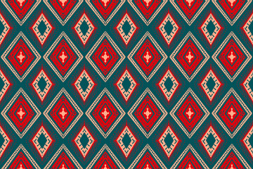 Red and Orange Diamond on Blue Teal. Geometric ethnic oriental pattern traditional Design for background,carpet,wallpaper,clothing,wrapping,Batik,fabric, illustration embroidery style - 488557781