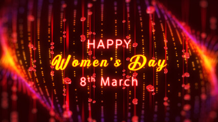 Glowing Shiny Happy Women's Day Greeting On Red Yellow Shiny Blurry Focus Vertical Rose Flower Particles Lines Curtain And Art Dotted Lines Background