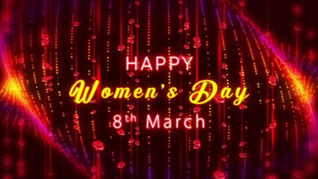 Happy Women's Day Greeting Text Reveal On Red Yellow Shiny Blurry Focus Vertical Rose Flower Particles Lines Curtain And Blinking Art Dotted Lines, With 10Sec Background Separated Loopable