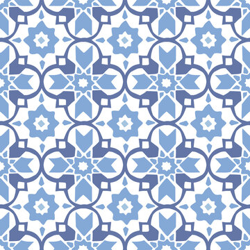 Hand drawn stars shaped Moroccan seamless pattern for Ramadan Kareem greeting cards, islamic backgrounds, fabric, web banners. Portuguese azulejos tile design, decorative vector illustrations