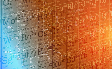 Background for a chemistry presentation. Periodic table of chemical elements with formulas. Vector illustration of the periodic table in perspective with formulas in chemistry.