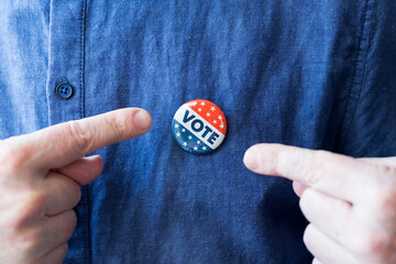 Vote badge on a man. Presidential election. Election header banner United States of America