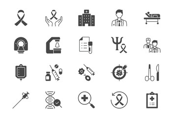 Cancer treatment flat icons. Vector illustration include icon - chemotherapy, radiology, doctor, hormone, mri diagnostic glyph silhouette pictogram for oncology clinic