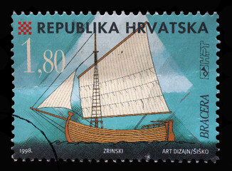 A stamp printed in Croatia shows The Istrian and Dalmatian Bracera, Series Croatian ships, circa...