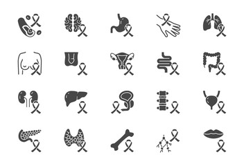 Obraz premium Cancer types flat icons. Vector illustration include icon - breast, stomach, respiratory, pancreas, kidney, testicles, uterine glyph silhouette pictogram for oncology