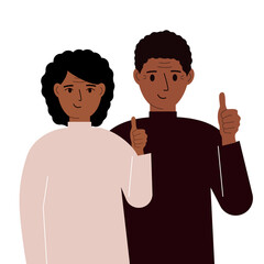 Smiling young couple, good mood concept. Positive emotions, happy people, boyfriend and girlfriend showing thumbs up, fun and joy.