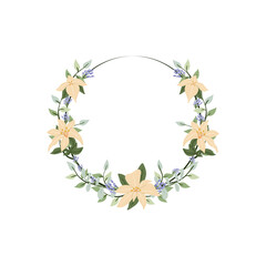 Iris and eucalyptus flower wreath. Green decorative ivy. Spring floral round frames. Creeper plant flat vector illustration
