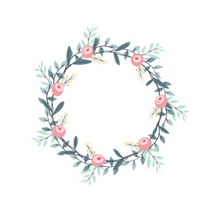 Roses, solidaster and eucalyptus flower wreath. Green decorative ivy. Spring floral round frames. Creeper plant flat vector illustration