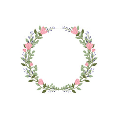 Freesia, limonium and eucalyptus flower wreath. Green decorative ivy. Spring floral round frames. Creeper plant flat vector illustration