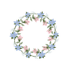 Iris flower wreath. Green decorative ivy. Spring floral vintage frames. Creeper plant flat vector illustration