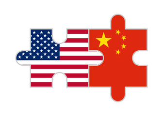 Naklejka premium puzzle pieces of usa and china flags. vector illustration isolated on white background
