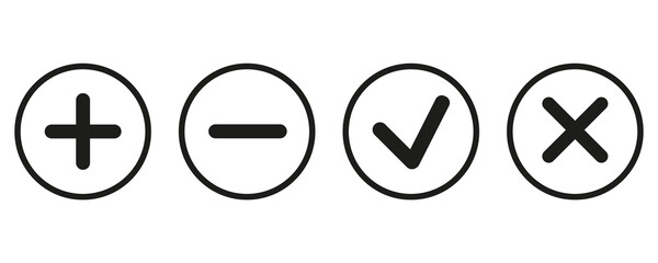Vector white confirmation icon set. Tick, cross, plus, minus icon set. Vector illustration