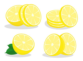 Lemon slices with peel rings. Lemon with chopped zest. Color vector in cartoon style isolated on white background