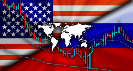 アメリカvsロシアの対立する国旗経済背景イメージ