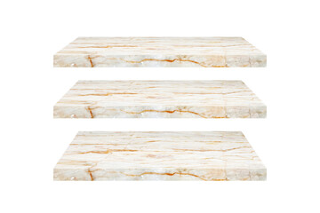 Three perspective of marble tabletop including clipping path  for interior and display show products. studio room isolated on white background