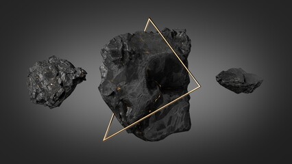 3d render, abstract background with levitating black rocks stones and golden triangular shape. Modern geometric wallpaper - obrazy, fototapety, plakaty