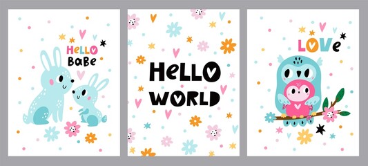 Fototapeta na wymiar Cute baby shower animals cards. Kids invitation posters. Hello world greeting banners. Funny owl and bunny with little children. Rabbits and birds families. Vector holiday postcards set