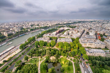 Paris, France. Overhead aerial view of city skyline and Seine river.