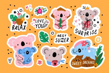 Funny koala stickers. Cute little bears. Australian fauna characters. Comic fluffy wild marsupial animals. Tropical flowers and summer elements with text. Vector adorable mammals set