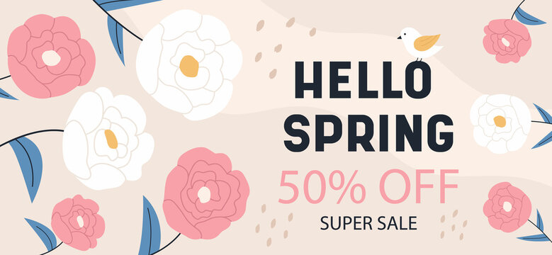 Floral sale banner with blooming peonies