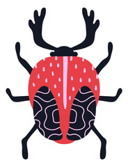 Horned beetle. Exotic bug print in trendy modern style