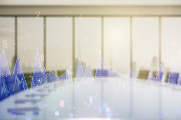 Double exposure of abstract virtual statistics data hologram on a modern meeting room background, statistics and analytics concept