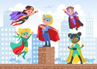 Kids superheroes in city. Comic children characters on street. Boys and girls in color capes posing among houses. Brave defenders in masks. Heroic team with superpowers. Vector poster