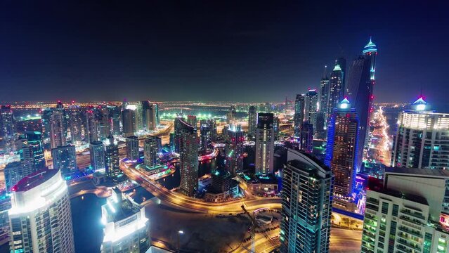 dubai marina night illumination traffic roof top panorama 4k time lapse uae