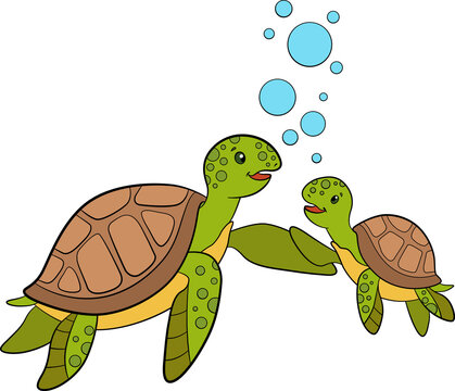 Cartoon marine animals. Mother sea turtle swims with her little cute baby turtle and smile.