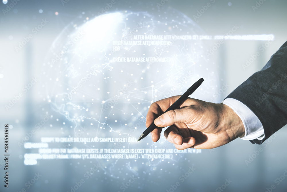 Poster man hand with pen working with abstract virtual coding concept and world map on blurred office backg