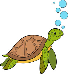 Cartoon marine animals. Cute smiling sea turtle swims underwater with bubbles.