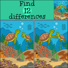 Educational game: Find differences. Mother sea turtle swims with her little cute baby and smile.