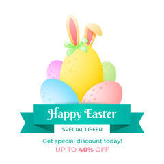 Easter special offer banner template. Happy Easter. Spring sale concept. Cute illustration of egg with bunny ears. Vector 10 EPS.
