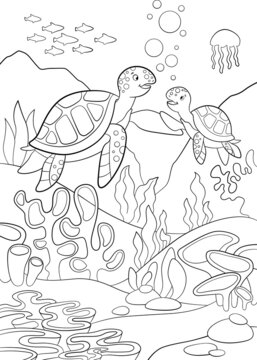 Coloring page. Mother sea turtle swims with her little cute baby sea turtle and smiles. They are underwater